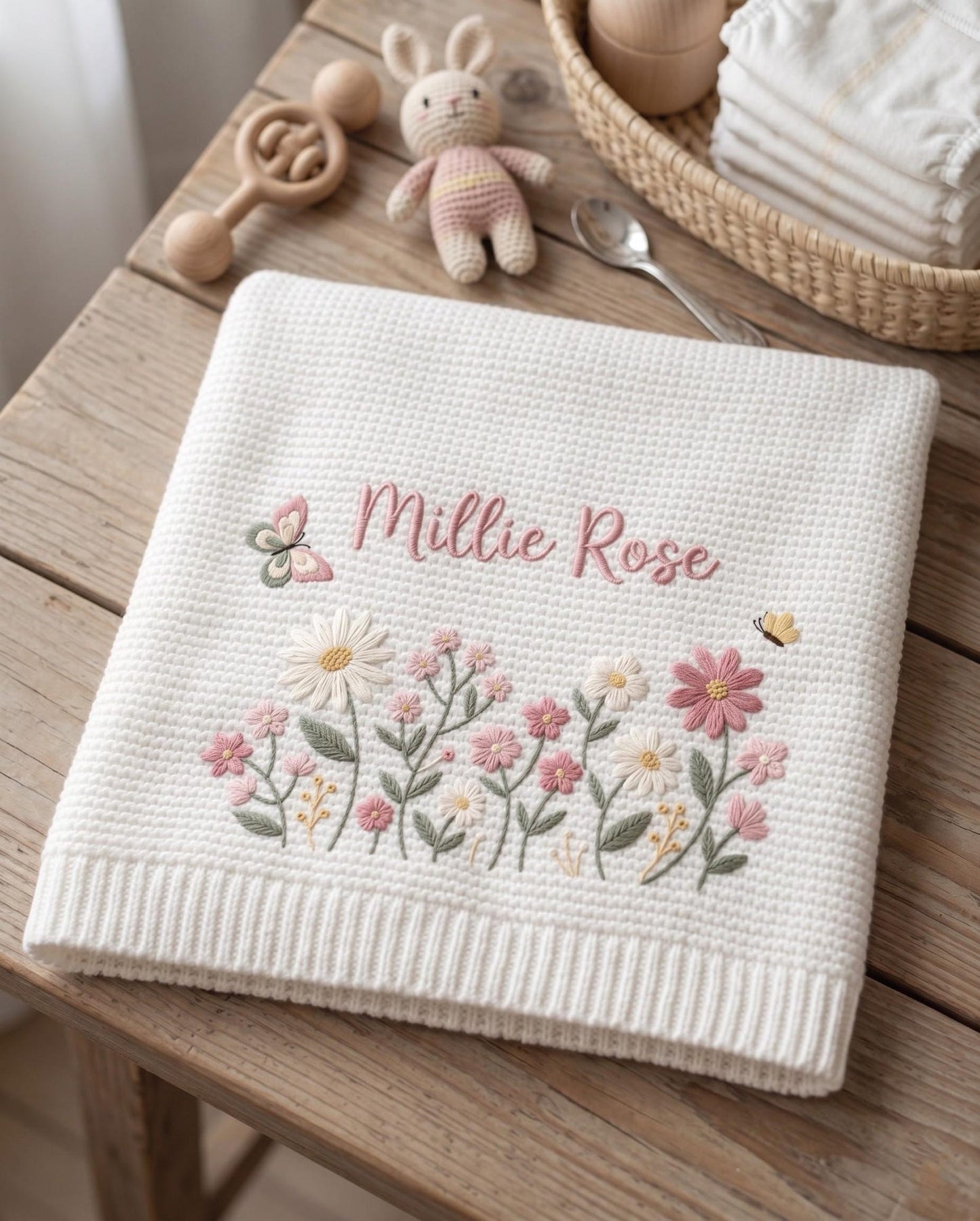 Personalisierte Babydecke mit Blumenstickerei – Strickdecke mit individuellem Namen, Willkommensdecke für Babys, Erinnerungsstück fürs Kinderzimmer, Erinnerungsstück für Neugeborene