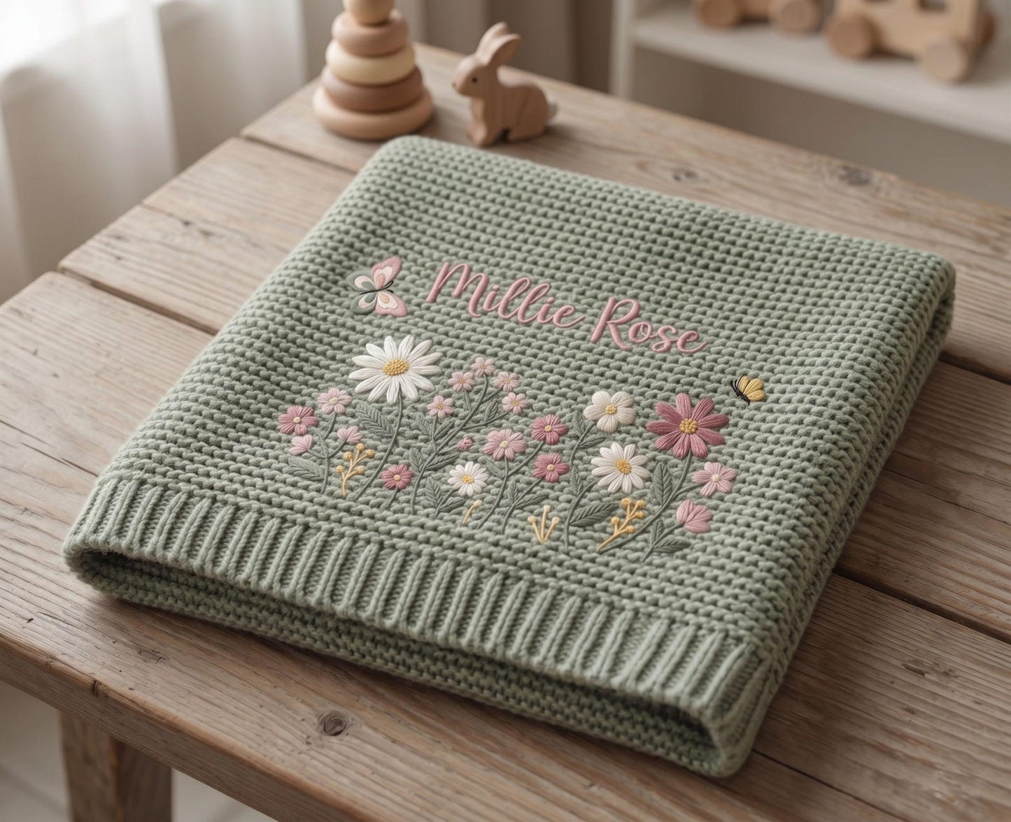 Personalisierte Babydecke mit Blumenstickerei – Strickdecke mit individuellem Namen, Willkommensdecke für Babys, Erinnerungsstück fürs Kinderzimmer, Erinnerungsstück für Neugeborene