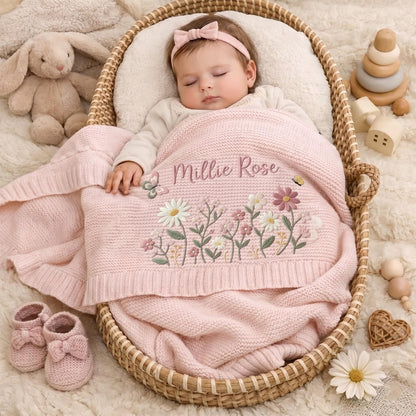 Individuell gestaltete Babydecke mit Schleifenmuster, bestickte Blumendecke, Babyparty-Ankündigungsdecke, Geschenk für Mädchen, Erinnerungsstück für Neugeborene