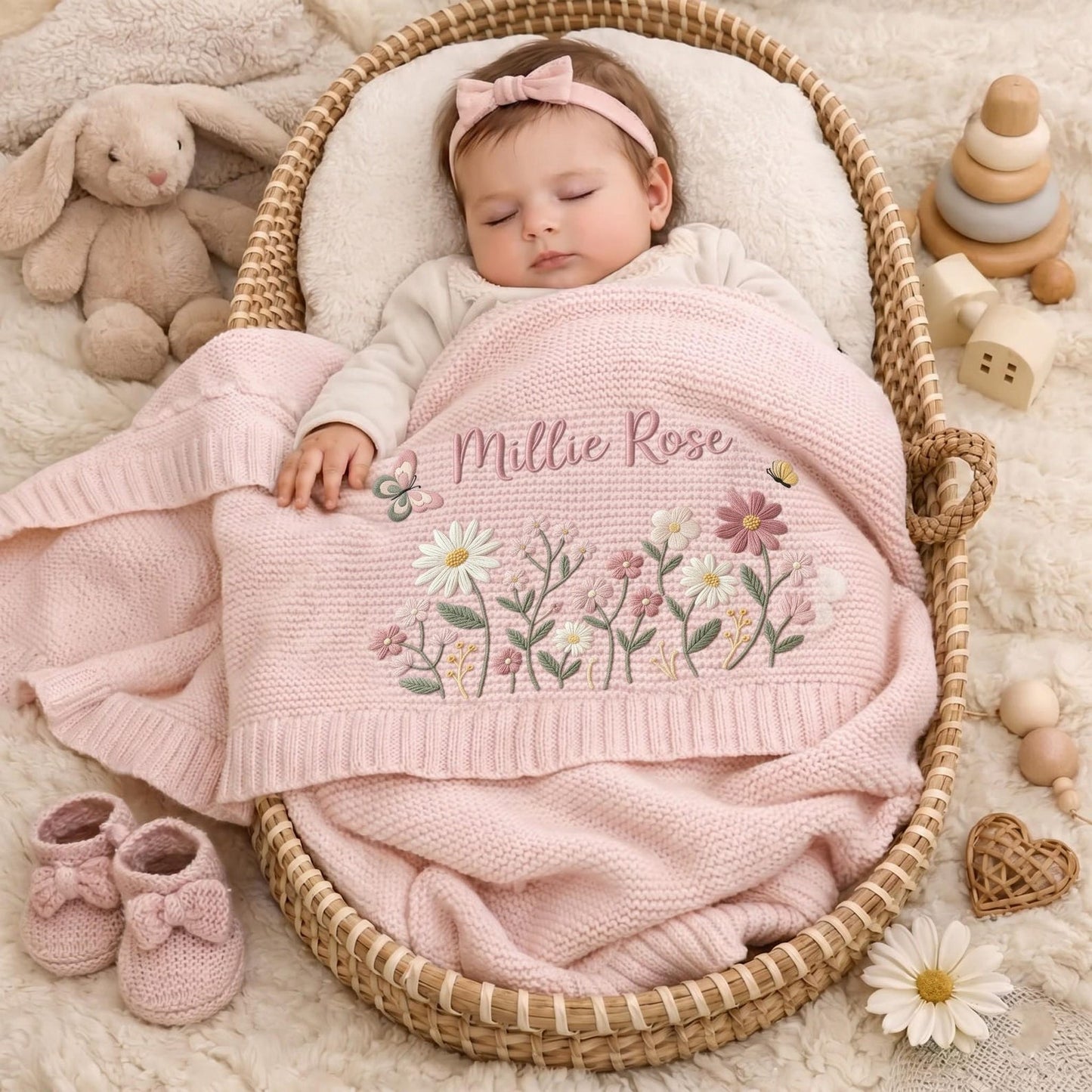 Personalisierte Babydecke mit Blumenstickerei – Strickdecke mit individuellem Namen, Willkommensdecke für Babys, Erinnerungsstück fürs Kinderzimmer, Erinnerungsstück für Neugeborene