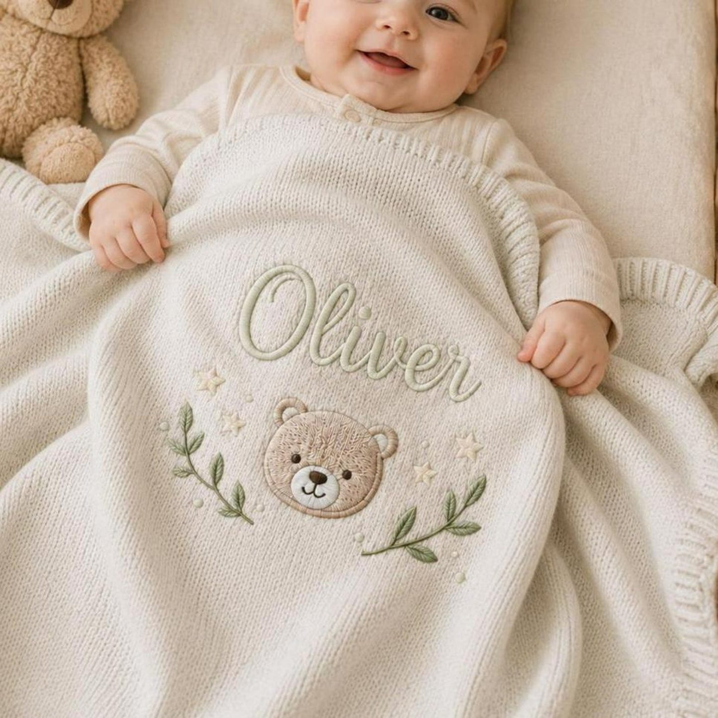 Personalisierte, bestickte Babydecke: Individuell gestaltete Strickdecke mit Bärenmotiv und Namensaufdruck