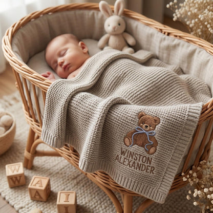 Personalisierte, bestickte Teddybär-Babydecke mit Namen – Individuell gestricktes Geschenk zur Geburt, Geschenk fürs Baby, Erinnerungsstück fürs Kinderzimmer, Geschenk zur Geburt