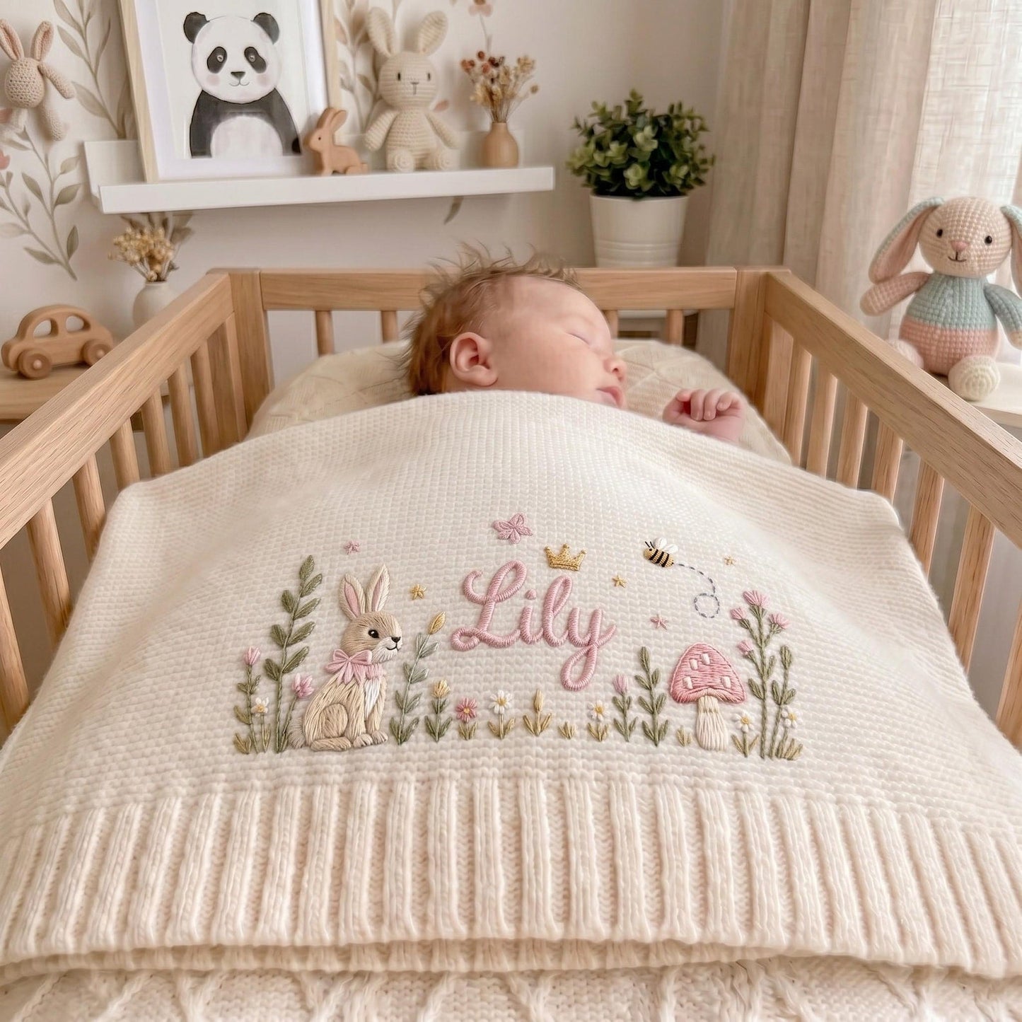 Personalisierte, bestickte Babydecke mit Hasen- und Blumenmuster, individuell gestrickte Babydecke mit Namen für Neugeborene, Geschenk für Babys, Erinnerungsgeschenk für Neugeborene