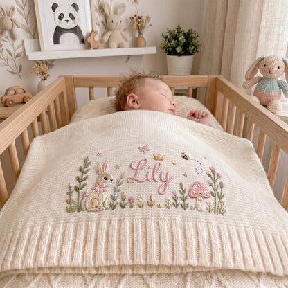 Personalisierte, bestickte Babydecke mit Hasen- und Blumenmuster, individuell gestrickte Babydecke mit Namen für Neugeborene, Geschenk für Babys, Erinnerungsgeschenk für Neugeborene