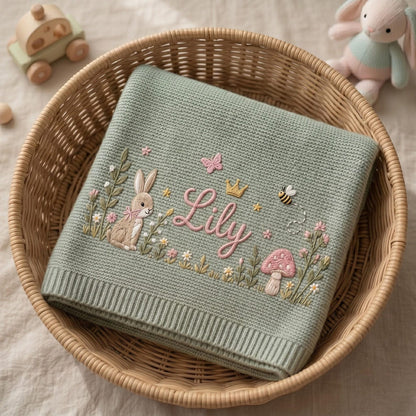 Personalisierte, bestickte Babydecke mit Hasen- und Blumenmuster, individuell gestrickte Babydecke mit Namen für Neugeborene, Geschenk für Babys, Erinnerungsgeschenk für Neugeborene