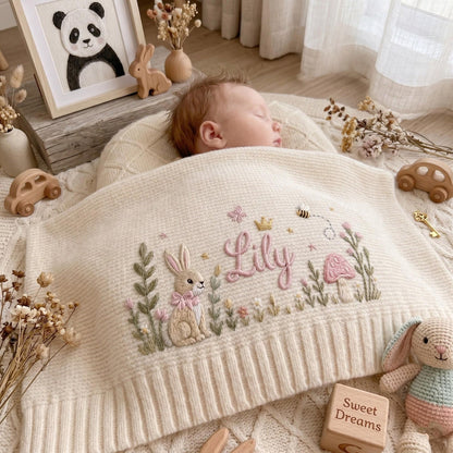 Personalisierte, bestickte Babydecke mit Hasen- und Blumenmuster, individuell gestrickte Babydecke mit Namen für Neugeborene, Geschenk für Babys, Erinnerungsgeschenk für Neugeborene