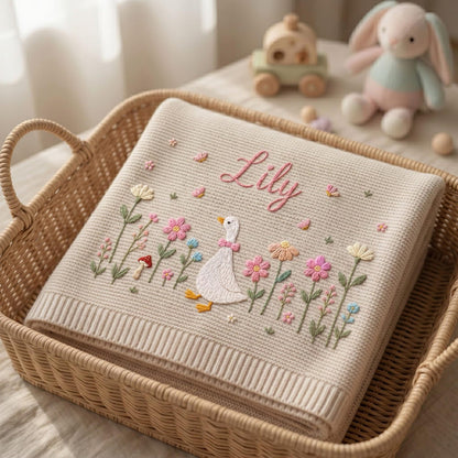 Personalisierte, bestickte Gänse-Babydecke mit Namen – Individuell gestaltetes, gestricktes Geschenk mit Blumenmuster für Neugeborene, Geschenk für Babys, Erinnerungsgeschenk für Babys