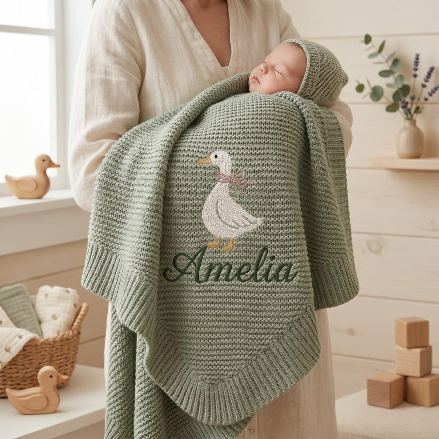 Individuell gestrickte Babydecke mit Gänsemotiv, Babyparty-Ankündigungsdecke mit Gänsemotiv, Geschenk für Mädchen, Erinnerungsstück für Neugeborene