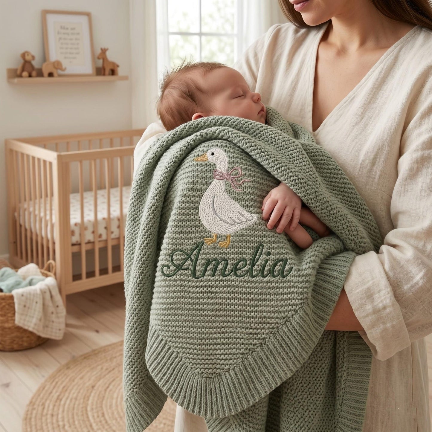 Individuell gestrickte Babydecke mit Gänsemotiv, Babyparty-Ankündigungsdecke mit Gänsemotiv, Geschenk für Mädchen, Erinnerungsstück für Neugeborene