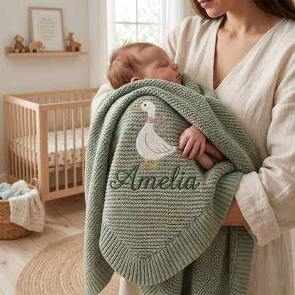 Individuell gestrickte Babydecke mit Gänsemotiv, Babyparty-Ankündigungsdecke mit Gänsemotiv, Geschenk für Mädchen, Erinnerungsstück für Neugeborene
