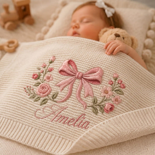 Personalisierte Babydecke mit koketter Schleifenstickerei, bestickte Blumendecke, Babydecke, Geschenk für Mädchen, Erinnerungsstück für Neugeborene