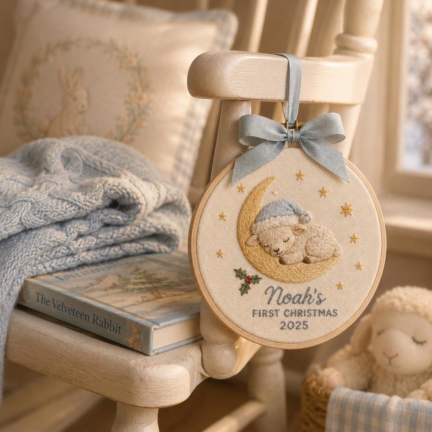 Individuell gestalteter Weihnachtsschmuck für das erste Baby, personalisierter Stickrahmen als Erinnerungsgeschenk für die junge Familie