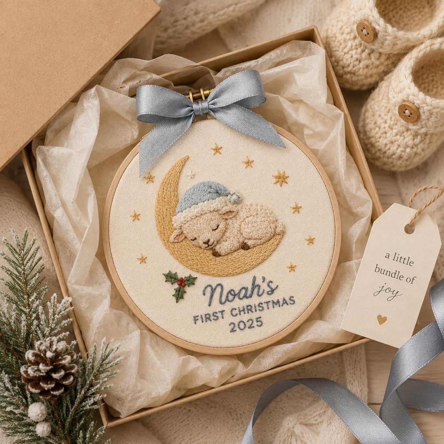 Individuell gestalteter Weihnachtsschmuck für das erste Baby, personalisierter Stickrahmen als Erinnerungsgeschenk für die junge Familie