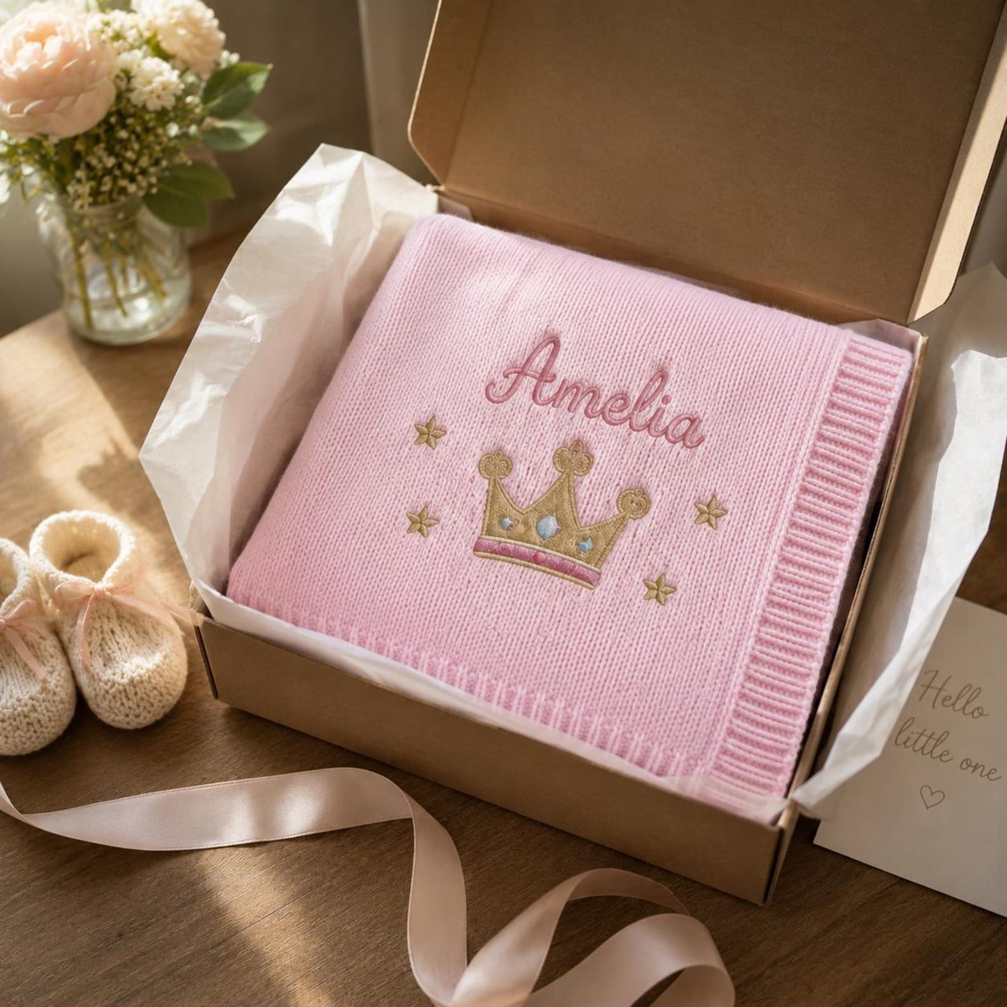 Personalisierte Namensdecke mit Kronenmotiv, individuell gestricktes Erinnerungsgeschenk fürs Kinderzimmer zur Babyparty und für Fotos