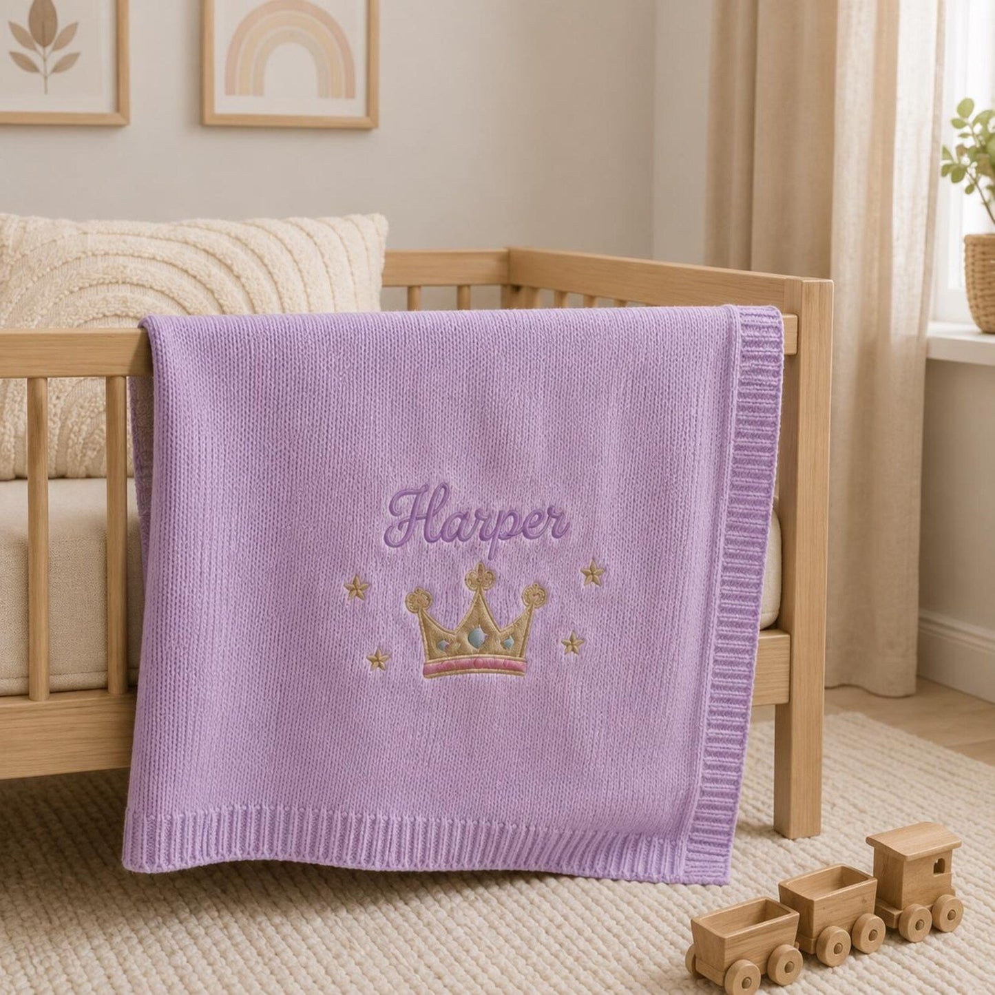 Personalisierte Namensdecke mit Kronenmotiv, individuell gestricktes Erinnerungsgeschenk fürs Kinderzimmer zur Babyparty und für Fotos