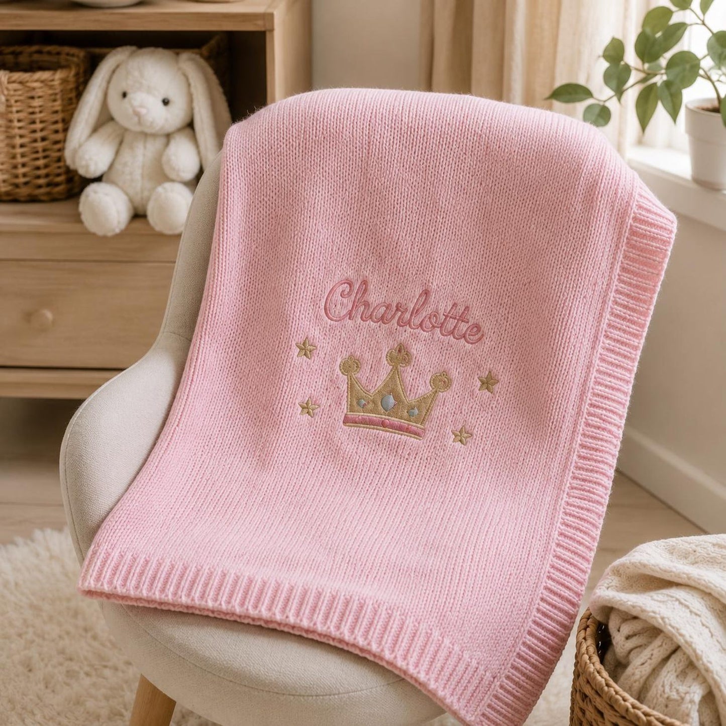 Personalisierte Namensdecke mit Kronenmotiv, individuell gestricktes Erinnerungsgeschenk fürs Kinderzimmer zur Babyparty und für Fotos