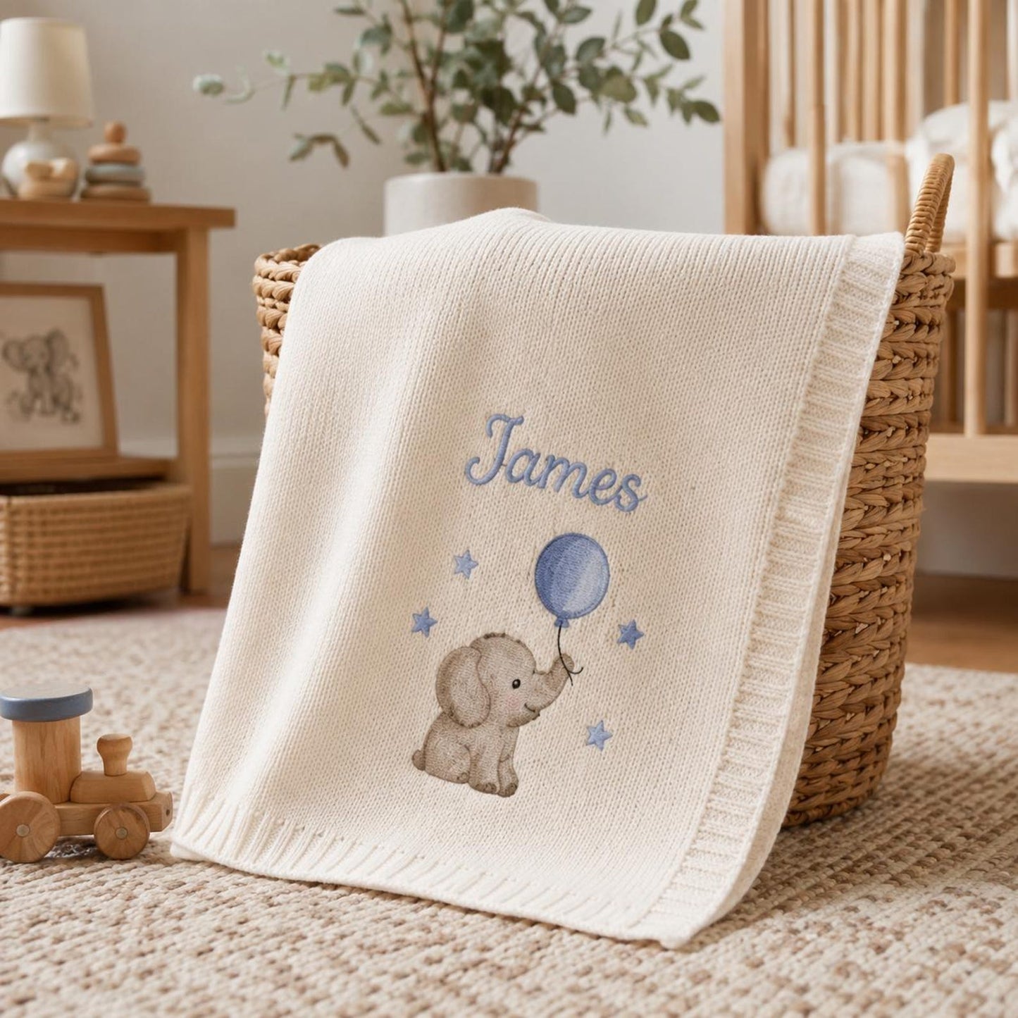 Personalisierte Elefanten-Namensdecke, individuell gestricktes Erinnerungsgeschenk für Babyparty-Fotos