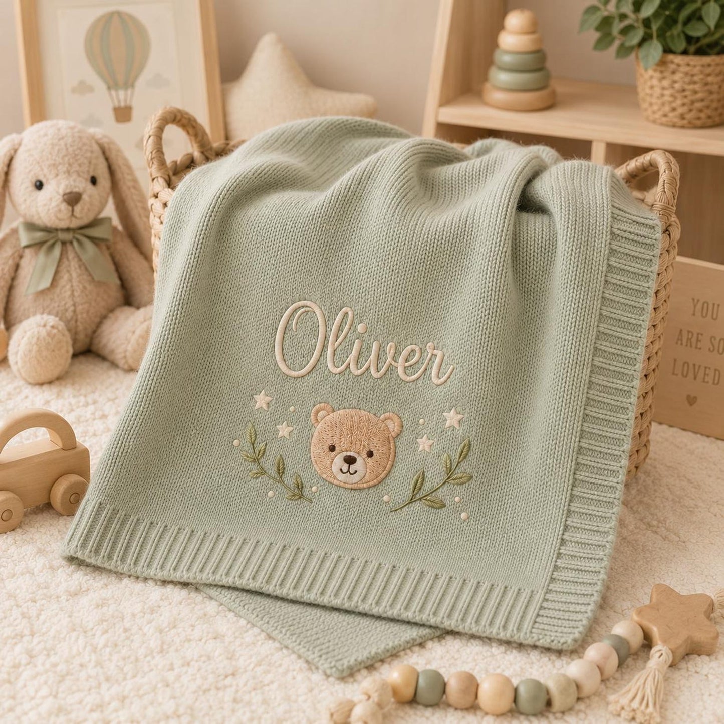 Personalisierte, bestickte Babydecke: Individuell gestaltete Strickdecke mit Bärenmotiv und Namensaufdruck
