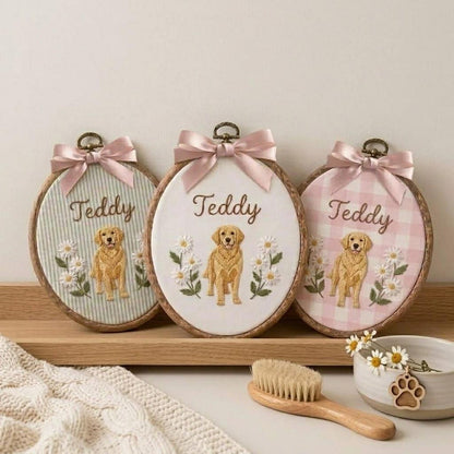 Bestickter Golden-Retriever-Stickrahmen, personalisiertes Hunde-Namensschild, Haustierporträt als Wandbild, Geschenk für Hundeliebhaber, personalisiertes Hundefoto-Andenken