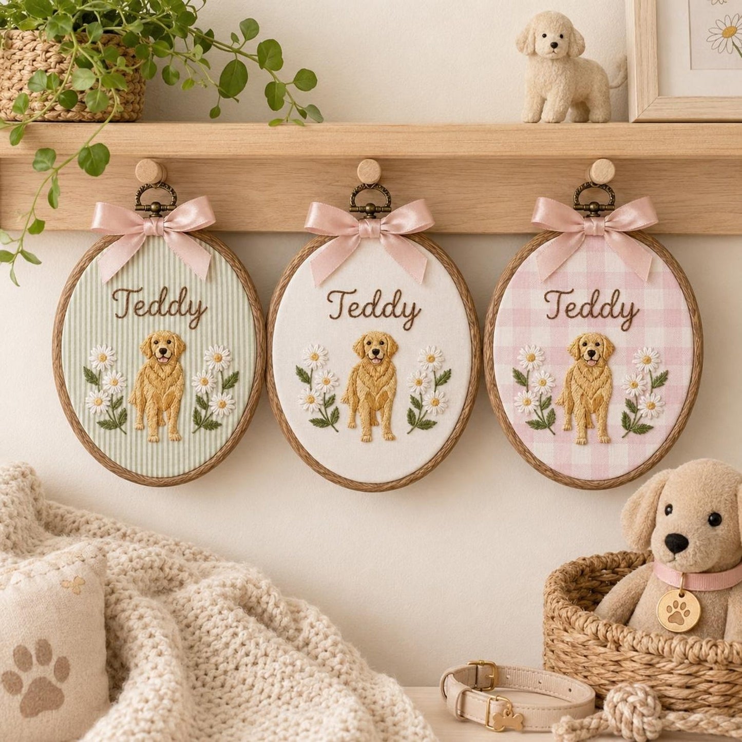 Bestickter Golden-Retriever-Stickrahmen, personalisiertes Hunde-Namensschild, Haustierporträt als Wandbild, Geschenk für Hundeliebhaber, personalisiertes Hundefoto-Andenken