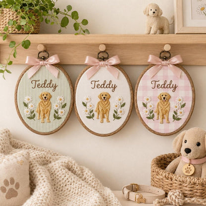 Bestickter Golden-Retriever-Stickrahmen, personalisiertes Hunde-Namensschild, Haustierporträt als Wandbild, Geschenk für Hundeliebhaber, personalisiertes Hundefoto-Andenken