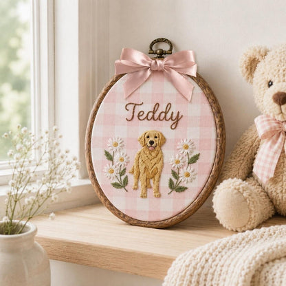 Bestickter Golden-Retriever-Stickrahmen, personalisiertes Hunde-Namensschild, Haustierporträt als Wandbild, Geschenk für Hundeliebhaber, personalisiertes Hundefoto-Andenken