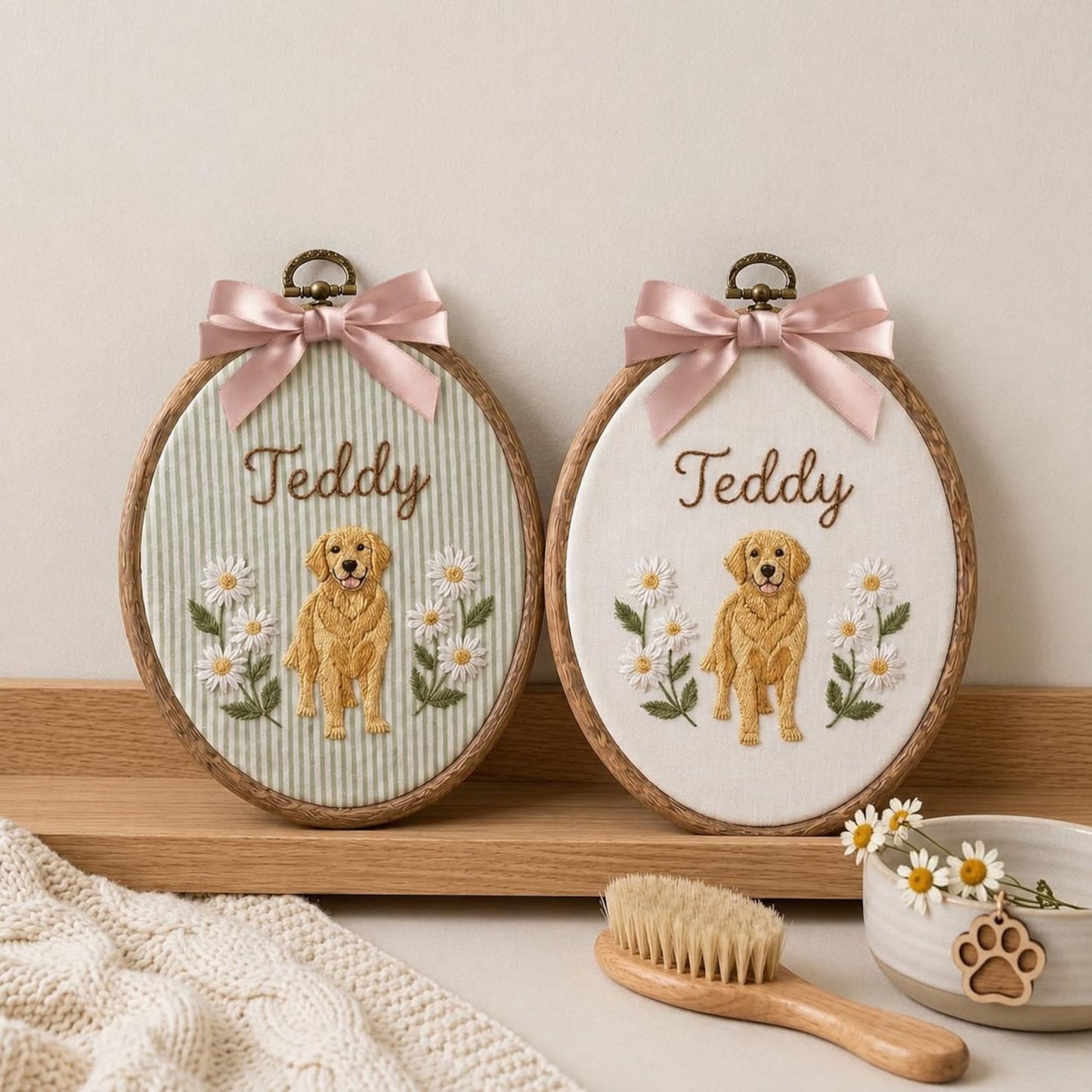 Bestickter Golden-Retriever-Stickrahmen, personalisiertes Hunde-Namensschild, Haustierporträt als Wandbild, Geschenk für Hundeliebhaber, personalisiertes Hundefoto-Andenken