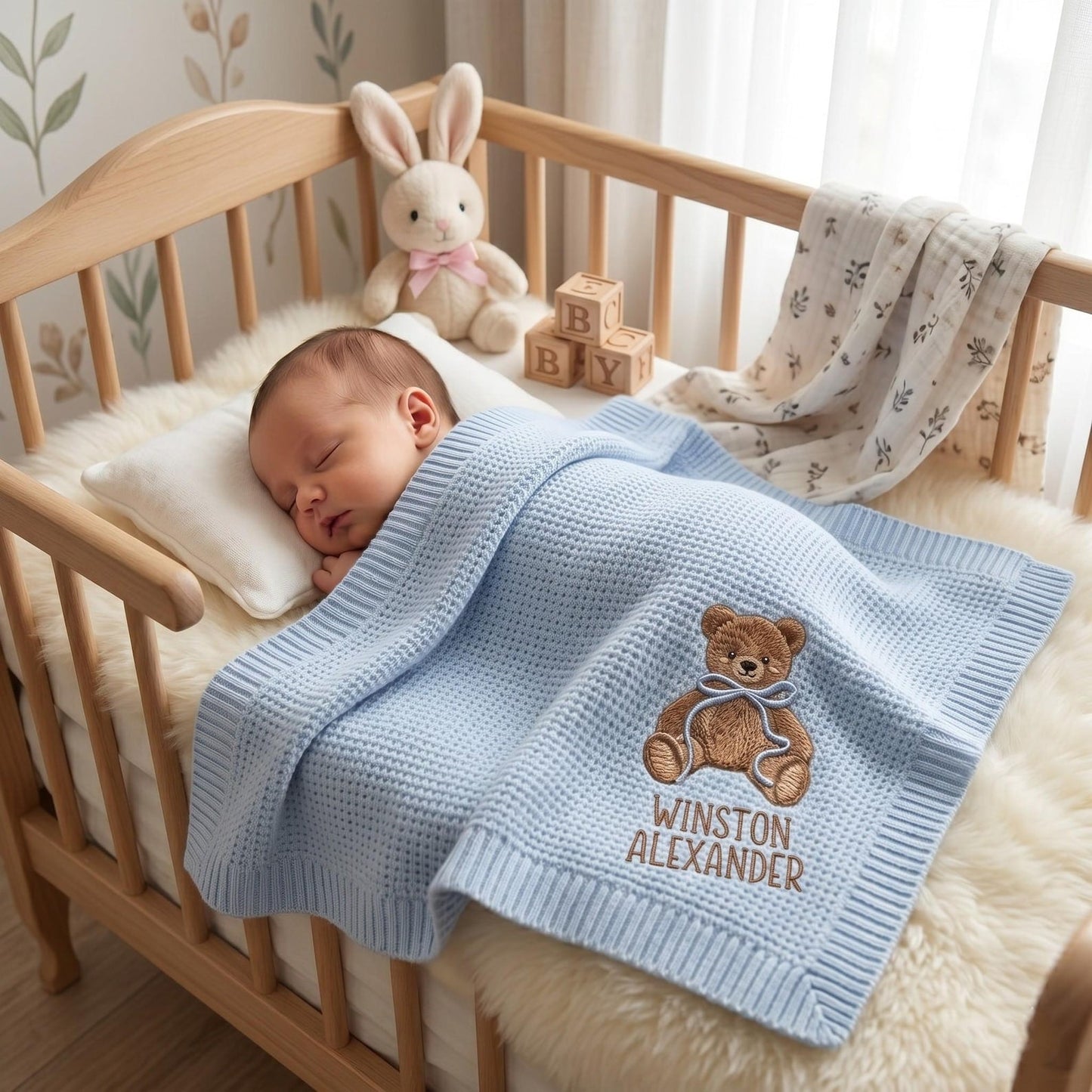 Personalisierte, bestickte Teddybär-Babydecke mit Namen – Individuell gestricktes Geschenk zur Geburt, Geschenk fürs Baby, Erinnerungsstück fürs Kinderzimmer, Geschenk zur Geburt