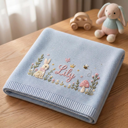 Personalisierte, bestickte Babydecke mit Hasen- und Blumenmuster, individuell gestrickte Babydecke mit Namen für Neugeborene, Geschenk für Babys, Erinnerungsgeschenk für Neugeborene