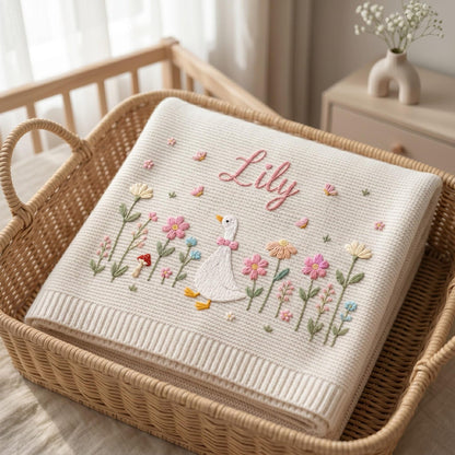 Personalisierte, bestickte Gänse-Babydecke mit Namen – Individuell gestaltetes, gestricktes Geschenk mit Blumenmuster für Neugeborene, Geschenk für Babys, Erinnerungsgeschenk für Babys