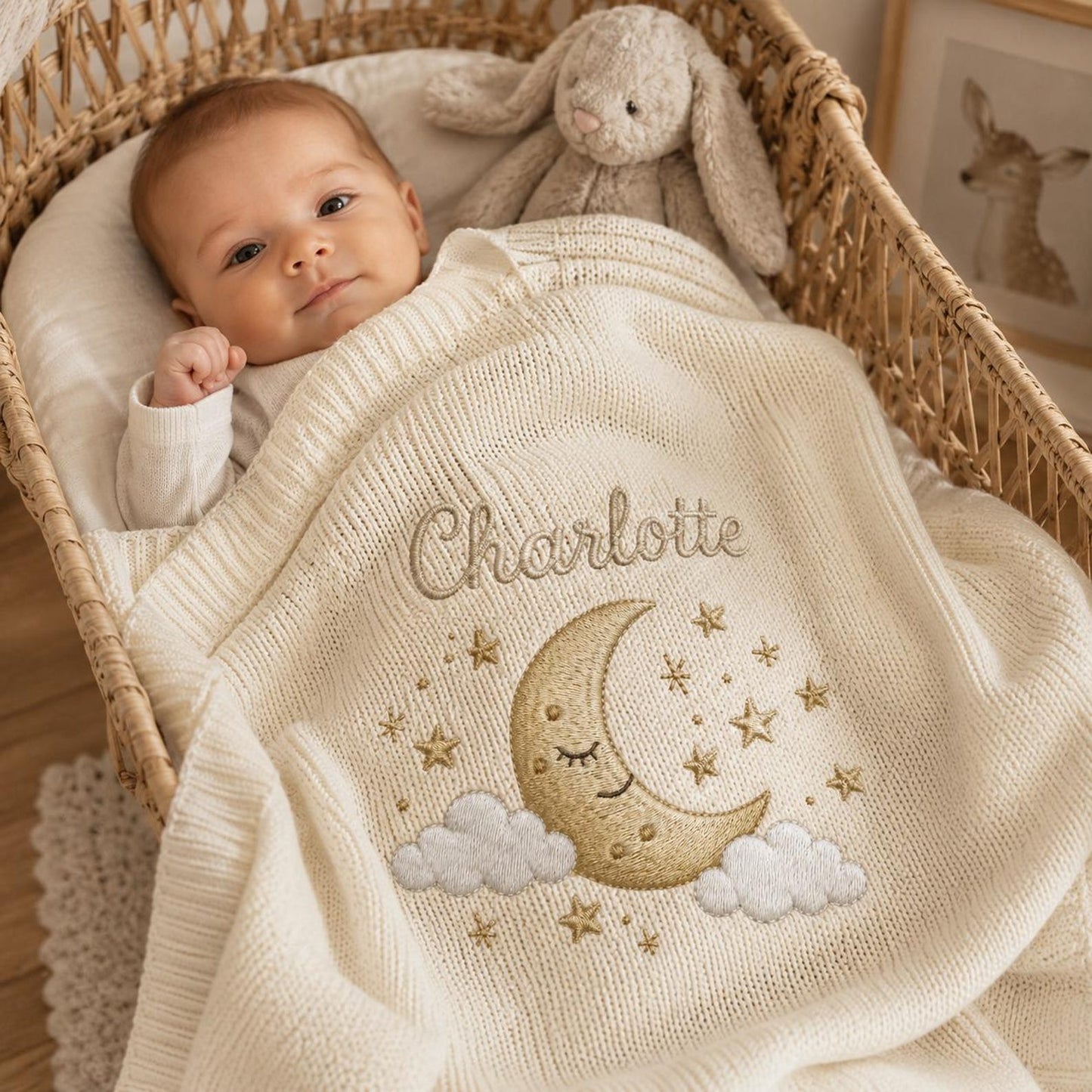 Personalisierte Strickdecke mit Mond und Sternen, individuelles Erinnerungsgeschenk fürs Babyzimmer