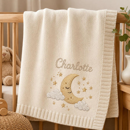 Personalisierte Strickdecke mit Mond und Sternen, individuelles Erinnerungsgeschenk fürs Babyzimmer