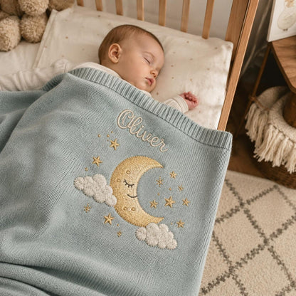Personalisierte Strickdecke mit Mond und Sternen, individuelles Erinnerungsgeschenk fürs Babyzimmer