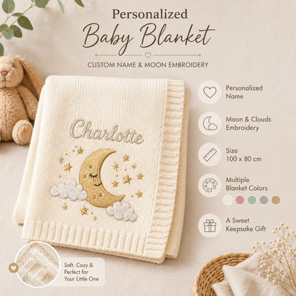 Personalisierte Strickdecke mit Mond und Sternen, individuelles Erinnerungsgeschenk fürs Babyzimmer