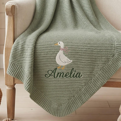 Individuell gestrickte Babydecke mit Gänsemotiv, Babyparty-Ankündigungsdecke mit Gänsemotiv, Geschenk für Mädchen, Erinnerungsstück für Neugeborene