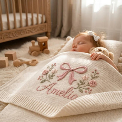 Individuell gestaltete Babydecke mit Schleifenmuster, bestickte Blumendecke, Babyparty-Ankündigungsdecke, Geschenk für Mädchen, Erinnerungsstück für Neugeborene
