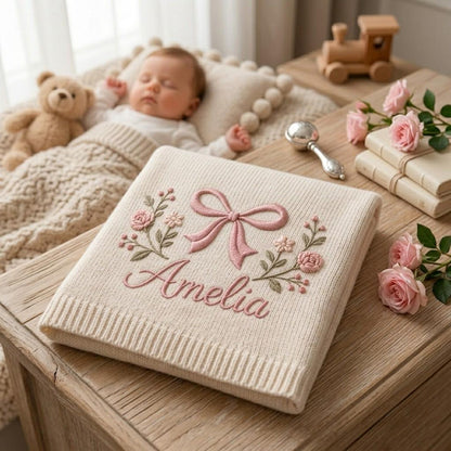 Individuell gestaltete Babydecke mit Schleifenmuster, bestickte Blumendecke, Babyparty-Ankündigungsdecke, Geschenk für Mädchen, Erinnerungsstück für Neugeborene