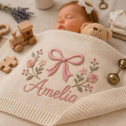 Individuell gestaltete Babydecke mit Schleifenmuster, bestickte Blumendecke, Babyparty-Ankündigungsdecke, Geschenk für Mädchen, Erinnerungsstück für Neugeborene
