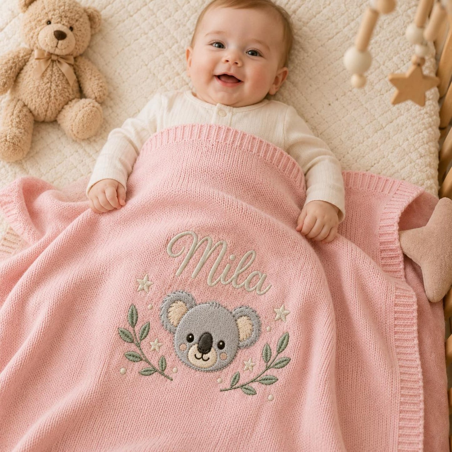 Personalisierte Koala-Babydecke, individuell gestricktes Erinnerungsgeschenk mit Namen zur Babyparty
