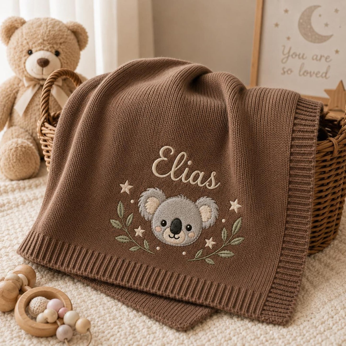 Personalisierte Koala-Babydecke, individuell gestricktes Erinnerungsgeschenk mit Namen zur Babyparty