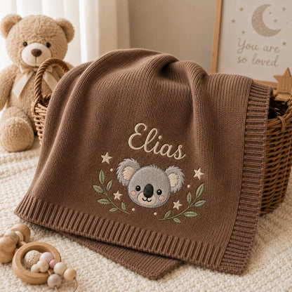 Personalisierte Koala-Babydecke, individuell gestricktes Erinnerungsgeschenk mit Namen zur Babyparty