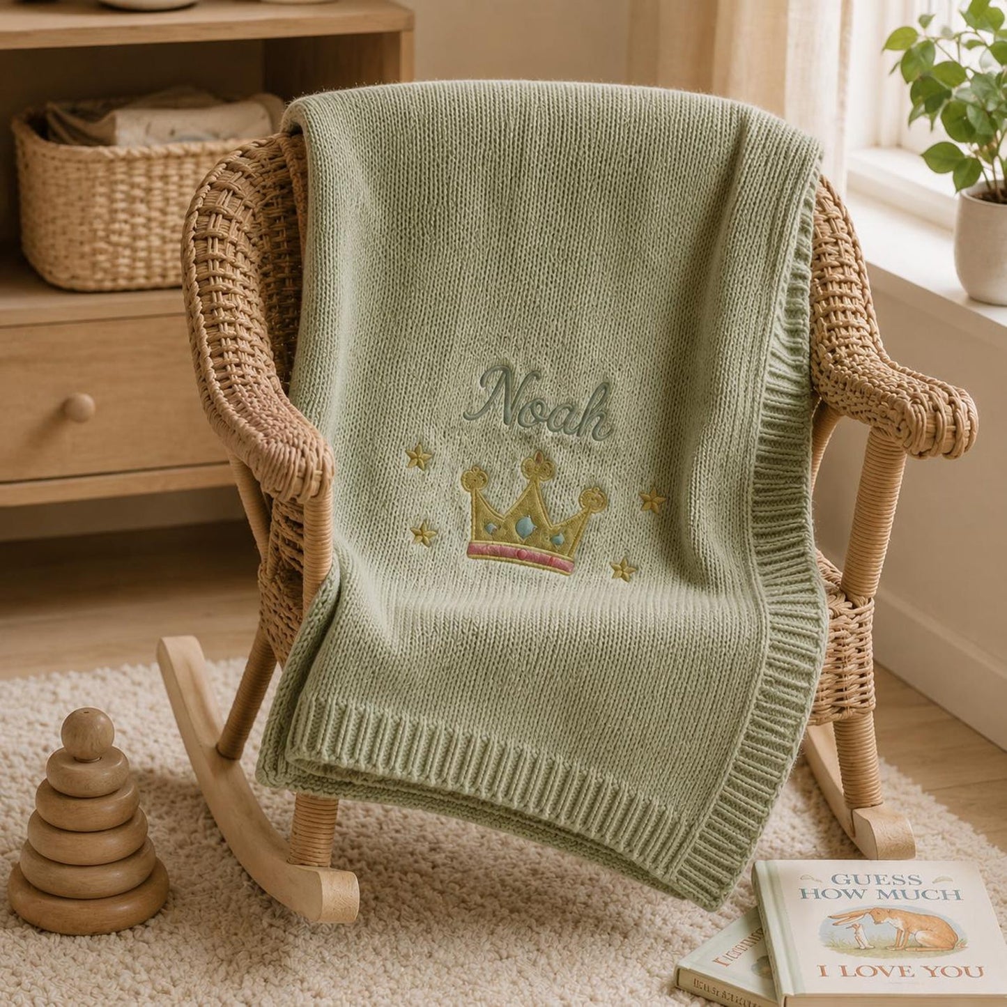 Personalisierte Namensdecke mit Kronenmotiv, individuell gestricktes Erinnerungsgeschenk fürs Kinderzimmer zur Babyparty und für Fotos