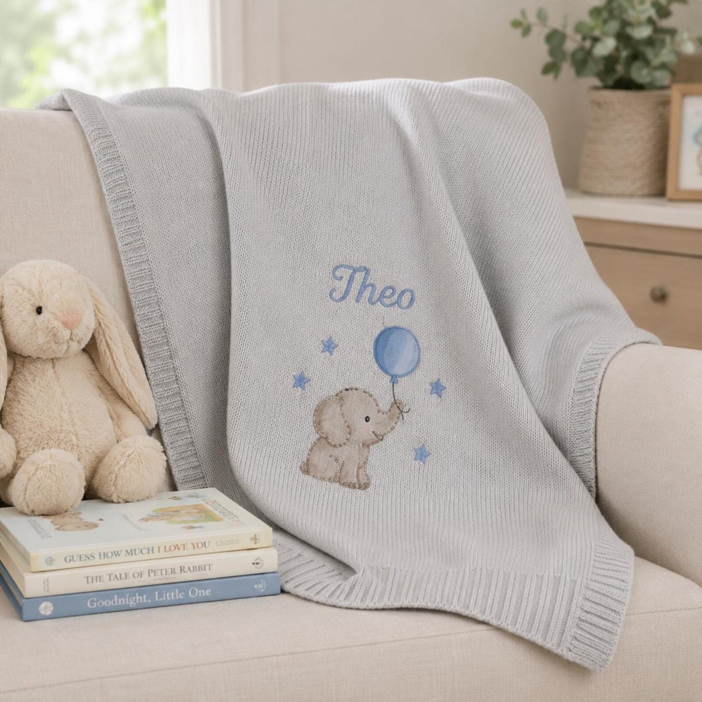 Personalisierte Elefanten-Namensdecke, individuell gestricktes Erinnerungsgeschenk für Babyparty-Fotos