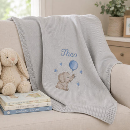 Personalisierte Elefanten-Namensdecke, individuell gestricktes Erinnerungsgeschenk für Babyparty-Fotos