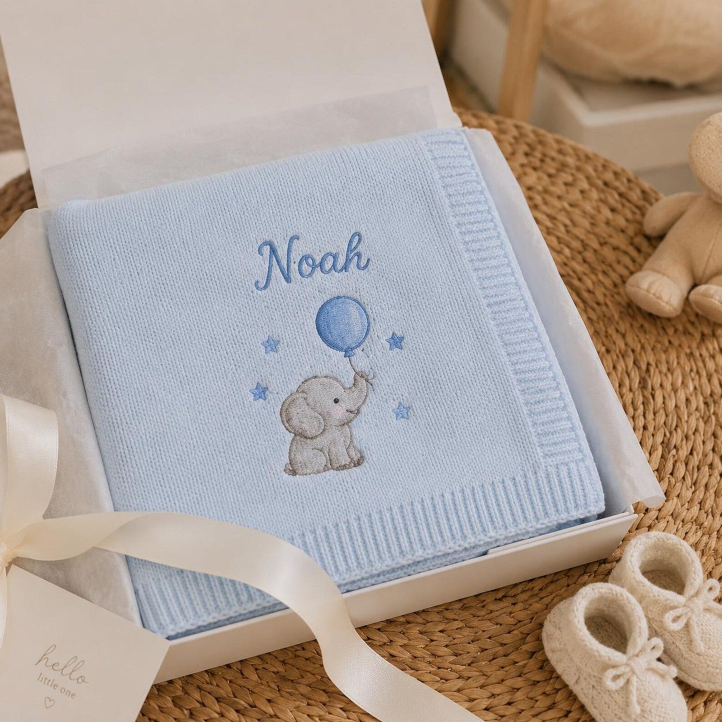 Personalisierte Elefanten-Namensdecke, individuell gestricktes Erinnerungsgeschenk für Babyparty-Fotos