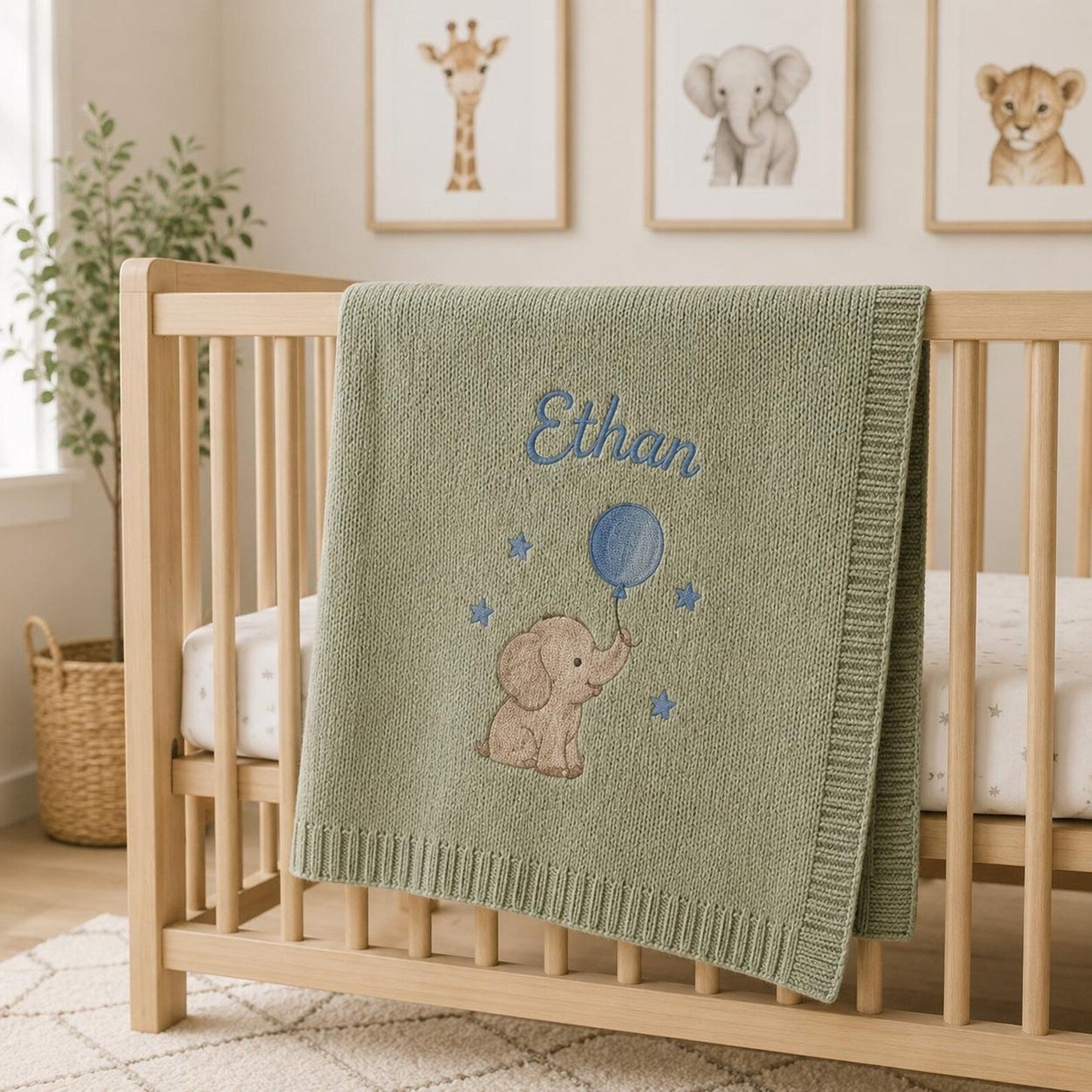 Personalisierte Elefanten-Namensdecke, individuell gestricktes Erinnerungsgeschenk für Babyparty-Fotos