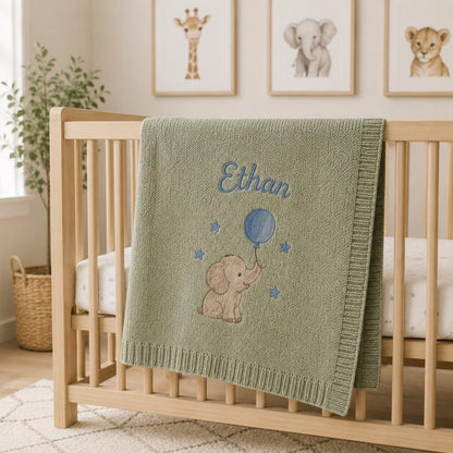 Personalisierte Elefanten-Namensdecke, individuell gestricktes Erinnerungsgeschenk für Babyparty-Fotos