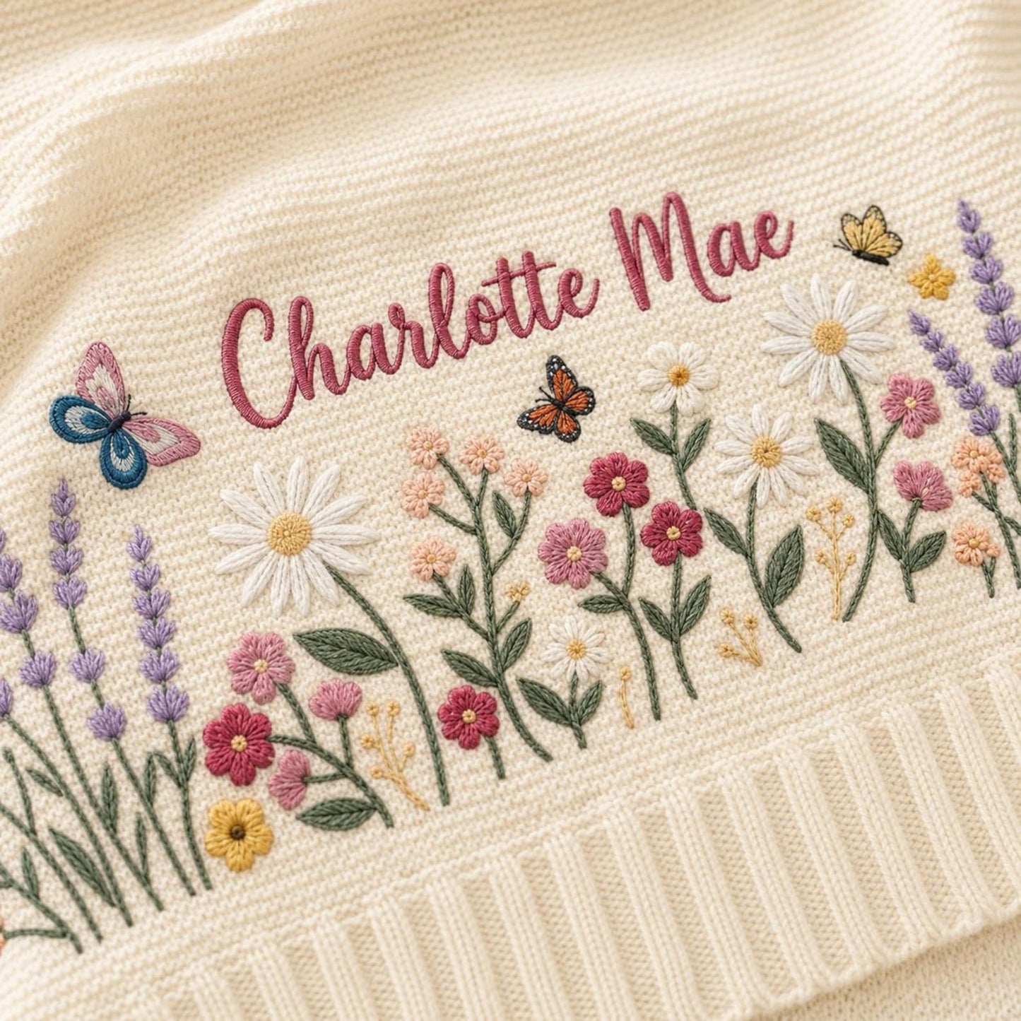 Personalisierte Babydecke mit Blumenstickerei, Strickdecke mit individuellem Namen, Willkommen Baby, Babydecke mit Wildblumen- und Schmetterlingsmotiv, Geschenk zur Babyparty