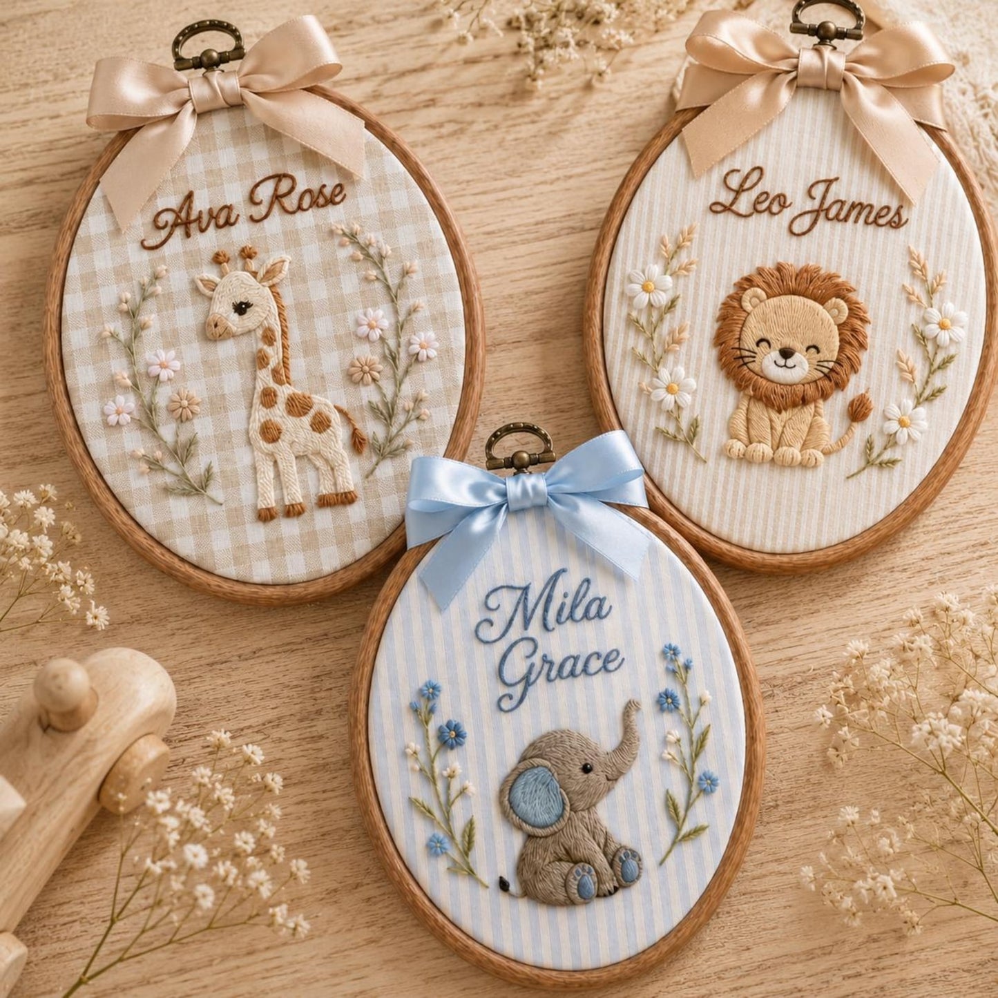 Besticktes Namensschild mit Tiermotiv fürs Baby, personalisierter Safari-Stickrahmen fürs Kinderzimmer, Wandbild mit Giraffe, Löwe und Elefant, Geschenk zur Babyparty