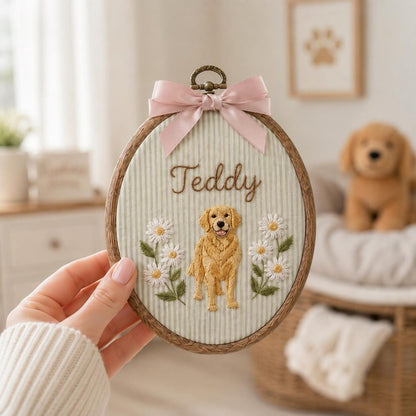 Bestickter Golden-Retriever-Stickrahmen, personalisiertes Hunde-Namensschild, Haustierporträt als Wandbild, Geschenk für Hundeliebhaber, personalisiertes Hundefoto-Andenken
